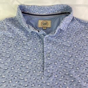 Borrowed Stamp Floral Print Casual Short Sleeve Polo Shirt Blue Men's Size Large